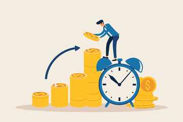 Long term investing or savings for retirement fund, compound interest or investment growth, tax time reminder concept, businessman on alarm clock put more dollar coin money to increase his savings.