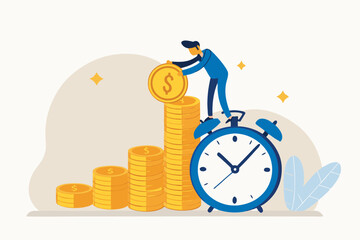 Long term investing or savings for retirement fund, compound interest or investment growth, tax time reminder concept, businessman on alarm clock put more dollar coin money to increase his savings.