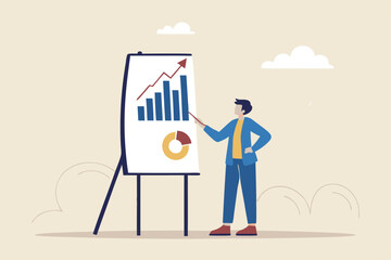 Present company growth, boost profit or increase revenue, success investment or growing sales, report or improvement statistics concept, businessman present graph with high improvement bar chart.
