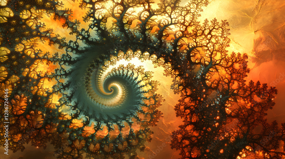 Poster computer generated image of a futuristic spiral structure with intricate details and a modern artist