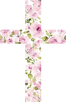 Watercolor Floral Cross with Pink Flowers isolated on a white background