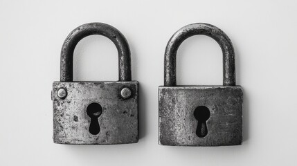 Naklejka premium Two vintage metal padlocks on a clean white surface, conveying security and protection.