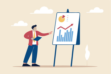 Present company growth, boost profit or increase revenue, success investment or growing sales, report or improvement statistics concept, businessman present graph with high improvement bar chart.