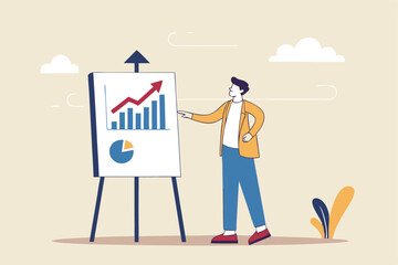 Present company growth, boost profit or increase revenue, success investment or growing sales, report or improvement statistics concept, businessman present graph with high improvement bar chart.