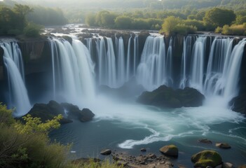 Fototapeta premium Scenic view of a waterfall with multiple cascades surrounded by lush greenery and rocks