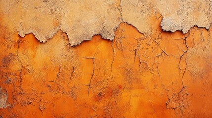Fototapeta premium An abstract close-up of cracked, weathered orange plaster, showcasing rich textures against a muted backdrop.
