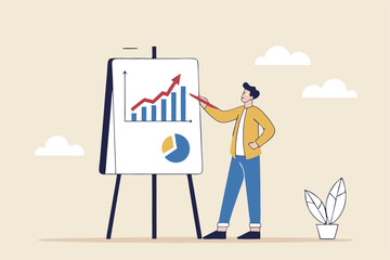 Present company growth, boost profit or increase revenue, success investment or growing sales, report or improvement statistics concept, businessman present graph with high improvement bar chart.