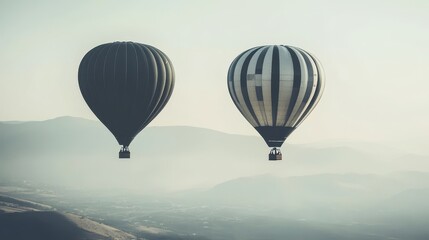 Two vibrant hot air balloons soar gracefully over a stunning mountain range, showcasing a picturesque sky filled with clouds and endless adventure.
