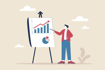 Present company growth, boost profit or increase revenue, success investment or growing sales, report or improvement statistics concept, businessman present graph with high improvement bar chart.