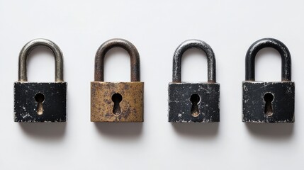 Naklejka premium Four vintage padlocks in varying conditions, arranged in a row against a light background.