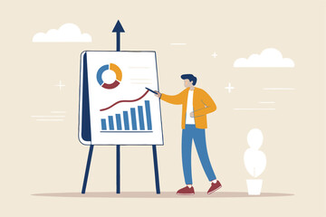 Present company growth, boost profit or increase revenue, success investment or growing sales, report or improvement statistics concept, businessman present graph with high improvement bar chart.