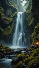 Obraz premium Serene Waterfall Cascading Through Mossy Gorge A Relaxing Nature Scene with Fire