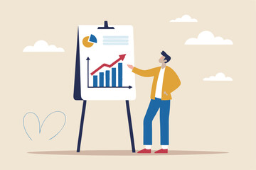 Present company growth, boost profit or increase revenue, success investment or growing sales, report or improvement statistics concept, businessman present graph with high improvement bar chart.