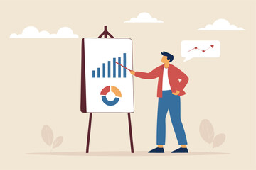 Present company growth, boost profit or increase revenue, success investment or growing sales, report or improvement statistics concept, businessman present graph with high improvement bar chart.