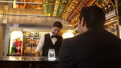 Smart bartender serving drink gin fizz with lemon sliced to VIP guest while waiting friend at luxurious counter bar. Barman providing excellent service at vibrant nightlife party atmosphere. Vinosity.