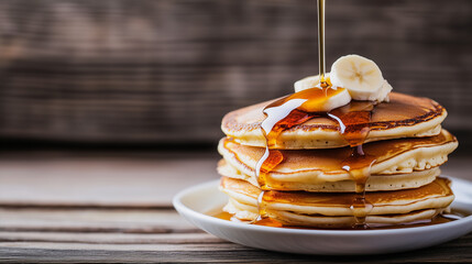 Stack of pancakes with syrup and fruit, healthy breakfast, pancake Tuesday
