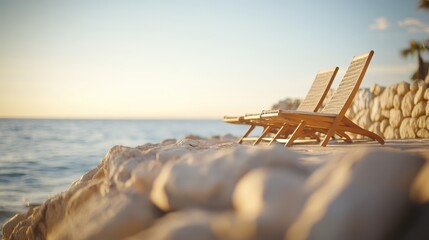 Two lounge chairs are positioned on the sandy beach, close to the gentle waves lapping the shore, creating a serene coastal scene.