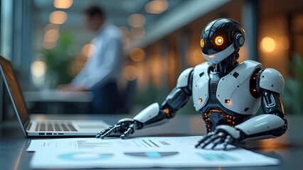 Futuristic AI Robot in a Modern Office, Symbolizing Innovation and Technology in Business