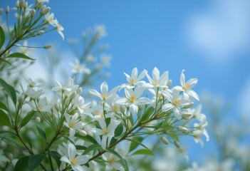  Cluster of white flowers on tree branch with green leaves and blue sky in background
