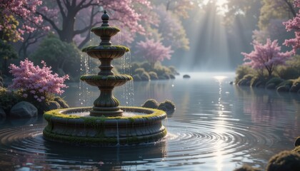 Serene Garden Fountain in a Peaceful Pond with Blooming Trees at Sunrise