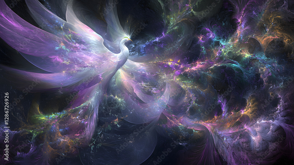 Fototapete Futuristic computer generated image of a colorful bird in a vibrant outer space environment with tulips