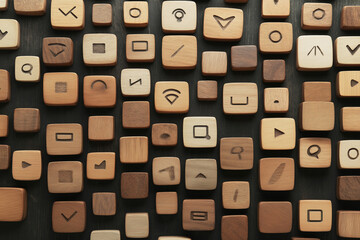 Online communication and discussion concept. Top view of many wood cubes with bubble icons