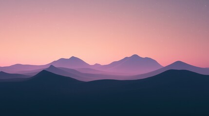 Serene twilight landscape with soft purple and pink hues over rolling hills and distant mountains.