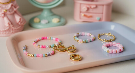 Dollcore aesthetic jewelry display with pink and gold accessories for fashion inspiration