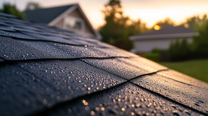 Close-up view of water droplets on a black roof tile with a blurred background of residential homes, showcasing the beauty of rain, nature, and home maintenance