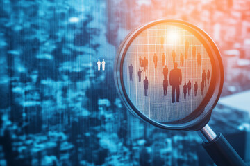 Selecting talented people. Recruitment and employment image. Magnifier and people icons on cityscape background
