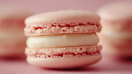Close-up of delicate pink macarons filled with creamy white filling, creating a delightful and elegant dessert display.