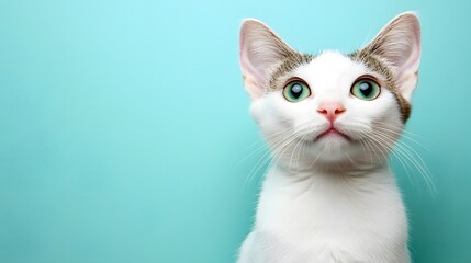 Curious White Cat with Striking Green Eyes Posing Against a Soft Blue Background