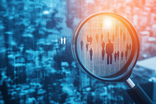 Selecting talented people. Recruitment and employment image. Magnifier and people icons on cityscape background