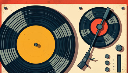 Retro vinyl record and turntable illustration, celebrating DJ history