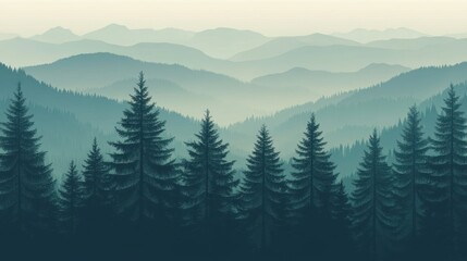 A serene landscape of layered mountains silhouetted against a soft, pastel sky, with tall pine trees in the foreground.