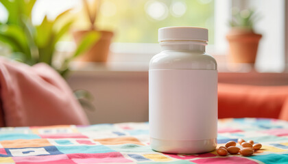 White vitamin bottle on colorful tablecloth, healthy lifestyle
