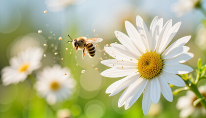 Bee pollinating vibrant daisy flower in sunny meadow, nature's harmony