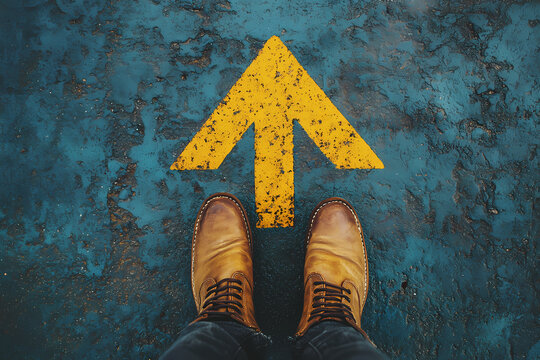 Stepping Forward: A person's feet stand before a vibrant yellow arrow painted on a blue surface, symbolizing the beginning of a journey