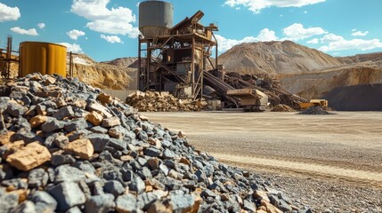 A large building stands prominently behind a substantial pile of rocks and gravel, highlighting ongoing construction or landscaping work.