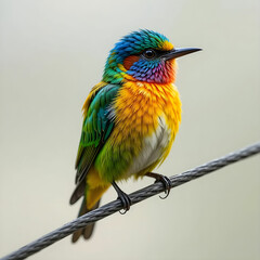 Scenic shot of a colorful Halcyon bird perched on a wire isolated on the white background