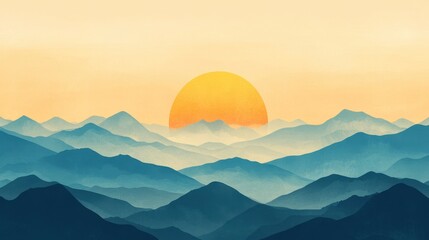 Fototapeta premium A serene mountain landscape at sunrise, featuring layered blue mountains and a large golden sun on the horizon.