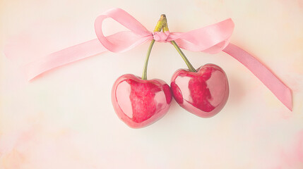 Two cherries tied with pink ribbon on pink background representing love and romance