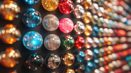 A vibrant display of colorful Christmas ornaments against a sleek black background, showcasing festive textures and intricate designs.