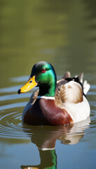 Fototapeta premium Male mallard duck swimming in calm water with ripples and reflections