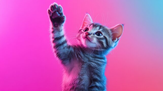 A curious gray-striped kitten reaching up against a vibrant pink and blue gradient background. - Powered by Adobe