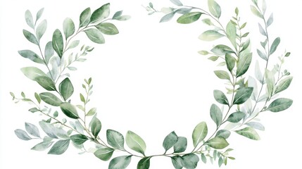 A delicate watercolor illustration of green leaves arranged in a circular frame, perfect for invitations or decor.