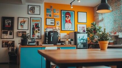A cozy room features a table adorned with a vibrant plant, creating a serene and inviting atmosphere for relaxation or work.