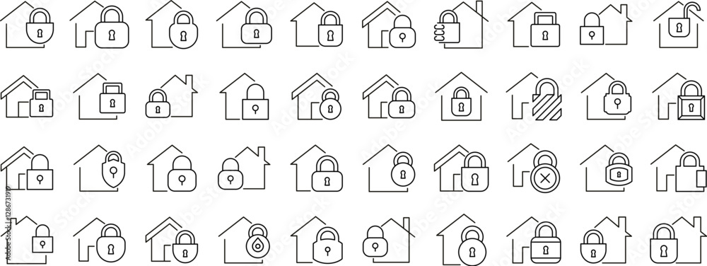 Wall mural collection of line icons of house with lock. minimalistic linear pictogram for web and graphic desig