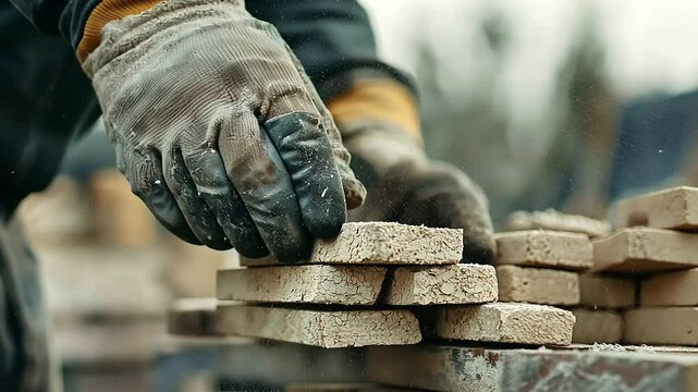 Worker Unloading Fired Bricks from Kiln with Protective Gloves