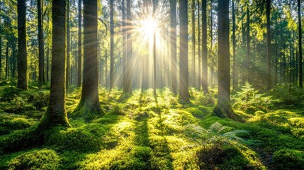 Obraz premium Sunlight Streaming Through Forest Canopy Creating a Magical Green Woodland